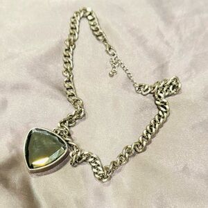 Chunky Silver Necklace with Green Stone Pendant